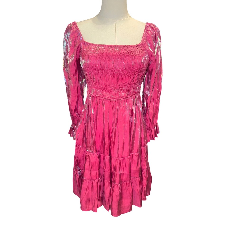 Umgee Pink Metallic Smocked Tiered Mini Dress Long Sleeve Fuchsia Shimmer MED